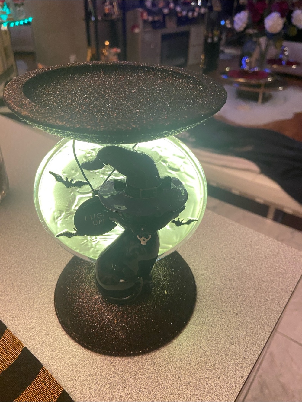 Black Witch Cat LED Lantern with Green Glow candle holder